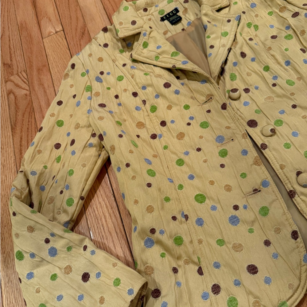 Chic Yellow Tan Green Blue Polka Dot Blazer fabric buttons - Picture 4 of 8